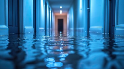 Wall Mural - flooded hallway with water damage illustrating severe indoor flooding ,potential property damage