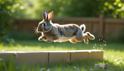 Agile rabbit leaping gracefully over a cardboard hurdle, showcasing energy and vitality in a playful moment