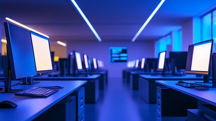 Poster - A modern computer lab with rows of desks and computers, illuminated by blue lights.