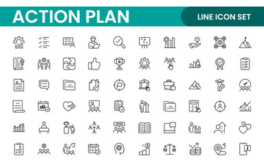 Line icons about action plan. Contains such icons as search strategy, target, scheme, timeline and workflow.Action plan set of web icons in line style. Strategy action planning icons.