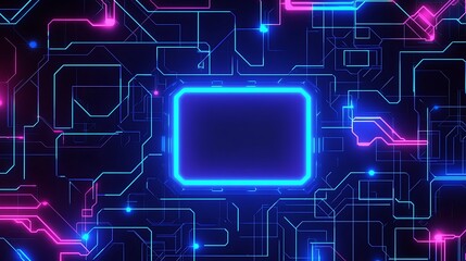 Poster - Abstract glowing neon circuit board background with a blank space in the center.