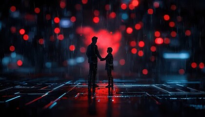 Poster - Silhouettes of two figures standing on a digital grid with red and blue lights, creating a futuristic ambiance with a sense of connection.