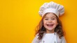 © Todd's Studio - a cute child wearing a chef's hat smiling with a bright colored background, editorial photography, white shade background, happy