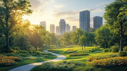 illustration of urban green spaces with trees ,pathways highlighting the integration of nature in city planning