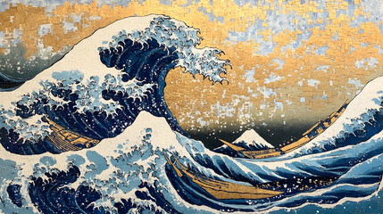 Poster - Dramatic and Powerful Oceanic Wave Crashing Against Shoreline with Turbulent Motion,Energy and Splashing Foam in a Majestic and Sublime Natural Landscape