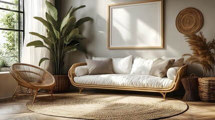Poster - Elegant and modern white frame mockup displayed in a contemporary living room setting featuring clean lines,natural elements,and diffused lighting for a serene and stylish ambiance.