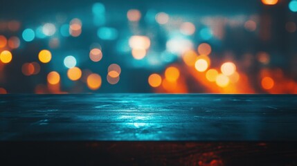Poster - Neon light bokeh reflecting over an empty wooden table, vibrant city nightlife in the distance, warm and cozy night mood