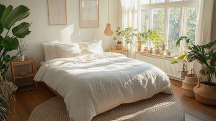 Wall Mural - Bright and airy bedroom with plants and natural light in a cozy, relaxed setting