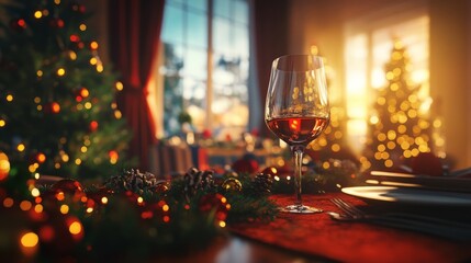 A festive dining scene showcasing a wine glass on the table, surrounded by colorful Christmas trees, with soft sunlight coming through clear windows.