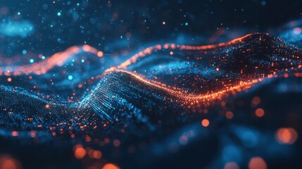 Poster - Abstract digital landscape with glowing particles in blue and orange hues.