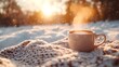 © ThuyTrang - A cup of hot chocolate with steam rising, placed on a cozy blanket in a snowy outdoor setting. Soft light from the winter sun, creating a serene and inviting winter scene,