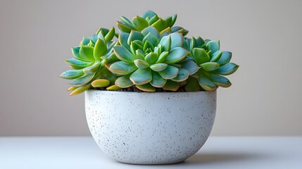 Fototapete - Lush Succulent Plant in Minimalist White Ceramic Pot. Close-up of beautiful green succulent foliage and leaves in a modern,minimalist style planter. Organic,natural decor for home.