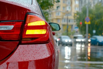 The reflection of a car's red tail lights on a wet city street during the evening rain conveys an impression of urban movement and commuting in rainy weather