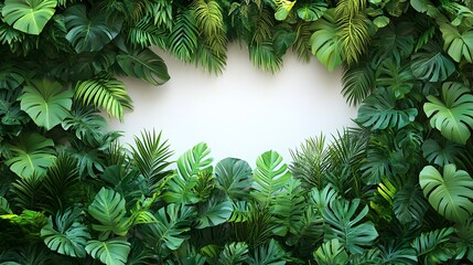 Poster - Lush tropical foliage in vibrant green hues forming an elegant natural frame or border. Dense,verdant leaves and plants create a serene,calming,and eco-friendly background. The dense.
