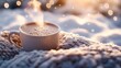 © ThuyTrang - A cup of hot chocolate with steam rising, placed on a warm blanket in a snowy outdoor setting. Soft light reflecting off the snow, creating a cozy and peaceful winter atmosphere.