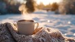 © ThuyTrang - A cup of hot chocolate with steam rising, surrounded by a warm blanket and snow-covered landscape in the background. Soft light reflecting off the snow, creating a peaceful and inviting winter scene.