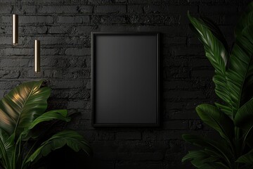 Poster - Framed artwork on a dark wall with plants.