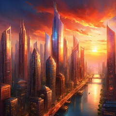 Poster - A breathtaking sunset casts a warm glow over towering skyscrapers in a vibrant metropolis, creating a stunning contrast with the colorful sky. Energetic atmosphere of city life. Generative AI