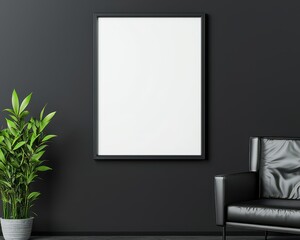 Poster - Modern living room with empty frame and plant