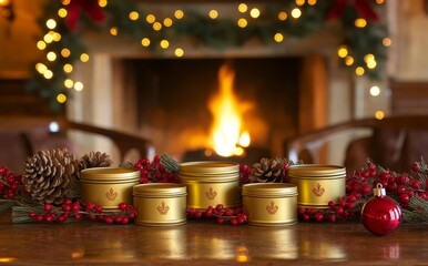 This elegant holiday candle display is surrounded by festive decor around a roaring fireplace during the Christmas holidays