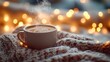 © ThuyTrang - A steaming cup of hot chocolate on a cozy knit sweater, surrounded by small candles and delicate fairy lights. Warm and inviting atmosphere, soft light creating a serene mood,