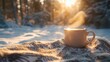 © ThuyTrang - A steaming cup of hot chocolate, placed on a cozy blanket, with a snow-covered forest in the background. Soft winter light creating a peaceful and serene outdoor setting,
