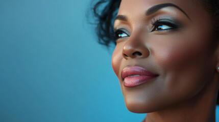 Sticker - Beauty cosmetics magazine photo of a middle-aged African American woman with glowing skin and natural pink lips, radiating beauty and confidence.