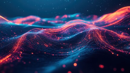 Poster - Abstract visualization of flowing waves with vibrant colors and particles.