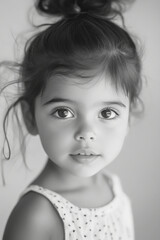 Black and white portrait of a preschooler Brazilian girl with her hair in a small bun, clear skin, and playful, curious eyes, in soft natural daylight.