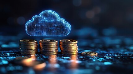 stacks of coins with cloud icon symbolize cloud financial planning highlighting cost management ,budgeting in cloud computing