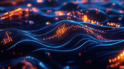Poster - Abstract digital waves with glowing lights, representing data flow and technology.