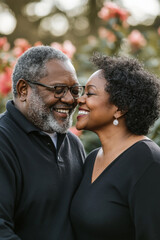 Sticker - Middle-aged African American couple kissing with a joyful smile, outdoor park with blooming flowers.