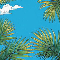 Wall Mural - Palm leaves stretch towards the bright blue sky, showcasing vibrant greens and gentle white clouds drifting by, creating a serene tropical atmosphere. Generative AI