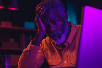 Sticker - Senior African American man with a beard, anxiously clutching his head at a desk, dark purple lighting.