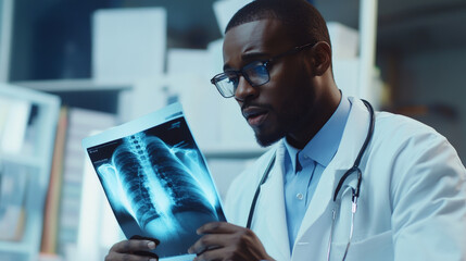 Sticker - Young adult African American doctor reviewing a patientâ€™s X-ray on a lightbox with detailed medical charts behind.