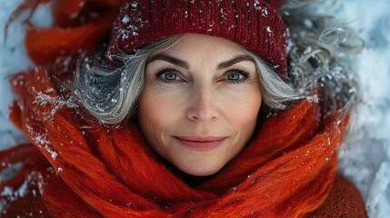 Wall Mural - top view portrait of senior woman with hat outdoors lying on snow looking at camera