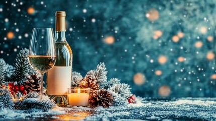 Wall Mural - Festive winter scene with white wine bottle and glass, surrounded by snowy pine cones and twinkling lights, creating a cozy holiday atmosphere.