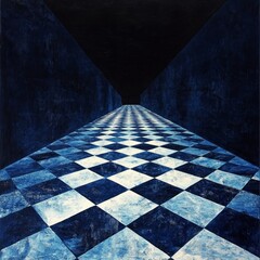 Poster - A mesmerizing dark hallway unfolds in this geometric art piece. The checkered floor blends shades of blue and white, creating depth and perspective. Perfect for modern decor. AI