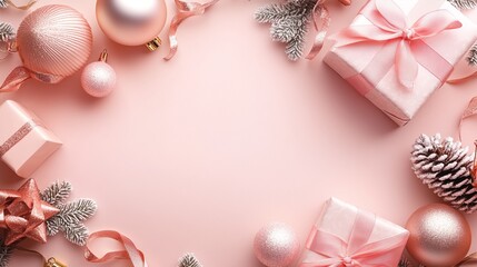 festive pink christmas flatlay with rose gold ornaments, silver pinecones, and wrapped gifts creatin