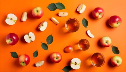 Vibrant autumn display of apple slices and glasses of fresh apple juice on a bright orange backdrop