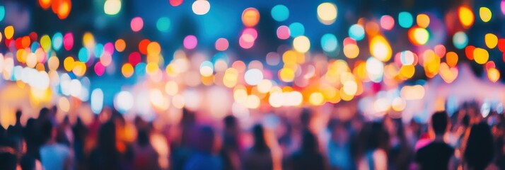 Wall Mural - Blurred crowd of people at a music festival in a city park, a panoramic view with copy space.