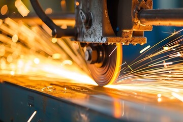 Worker cutting steel with grinder. Sparks while grinding iron