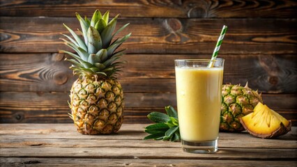 Refreshing pineapple smoothie in a tall glass with a straw, served alongside fresh pineapples on a rustic wooden surface.