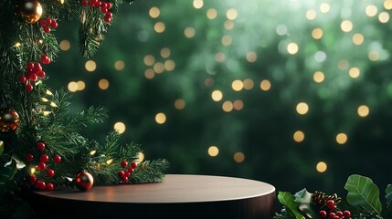 Wall Mural - Festive Christmas display with decorated pine branches, red berries, and ornaments on wooden surface against blurred background of twinkling lights.