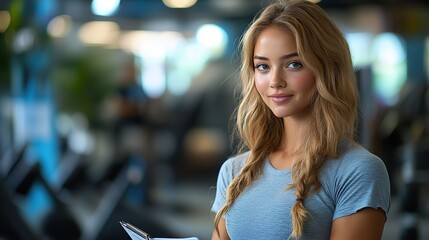 Wall Mural - woman exercising in gym personal trainer plan on clipboard