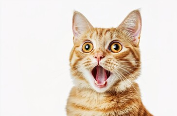 A ginger cat with an open mouth and surprised expression, solid white background