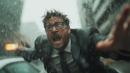 A man in a suit with glasses appears shocked and distressed as heavy rain falls around him in a busy urban setting, highlighting a dramatic moment.