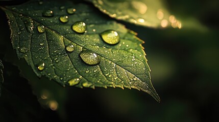 Close-up of a leaf with a collection of dew droplets on its surface, with a focus on the clarity and shape of each droplet