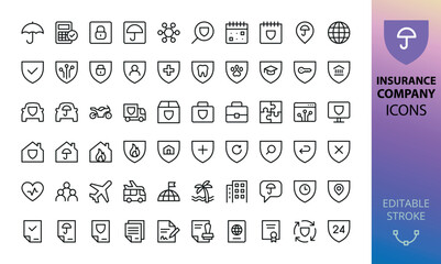 Poster - insurance company isolated icons set. set of home, auto, health, family, travel, pet, personal, busi