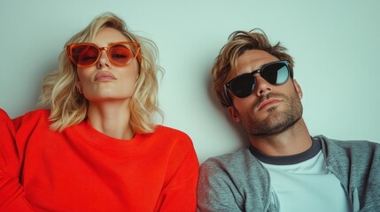 a fashionable couple in sunglasses is posed with relaxed expressions, leaning against a plain light 